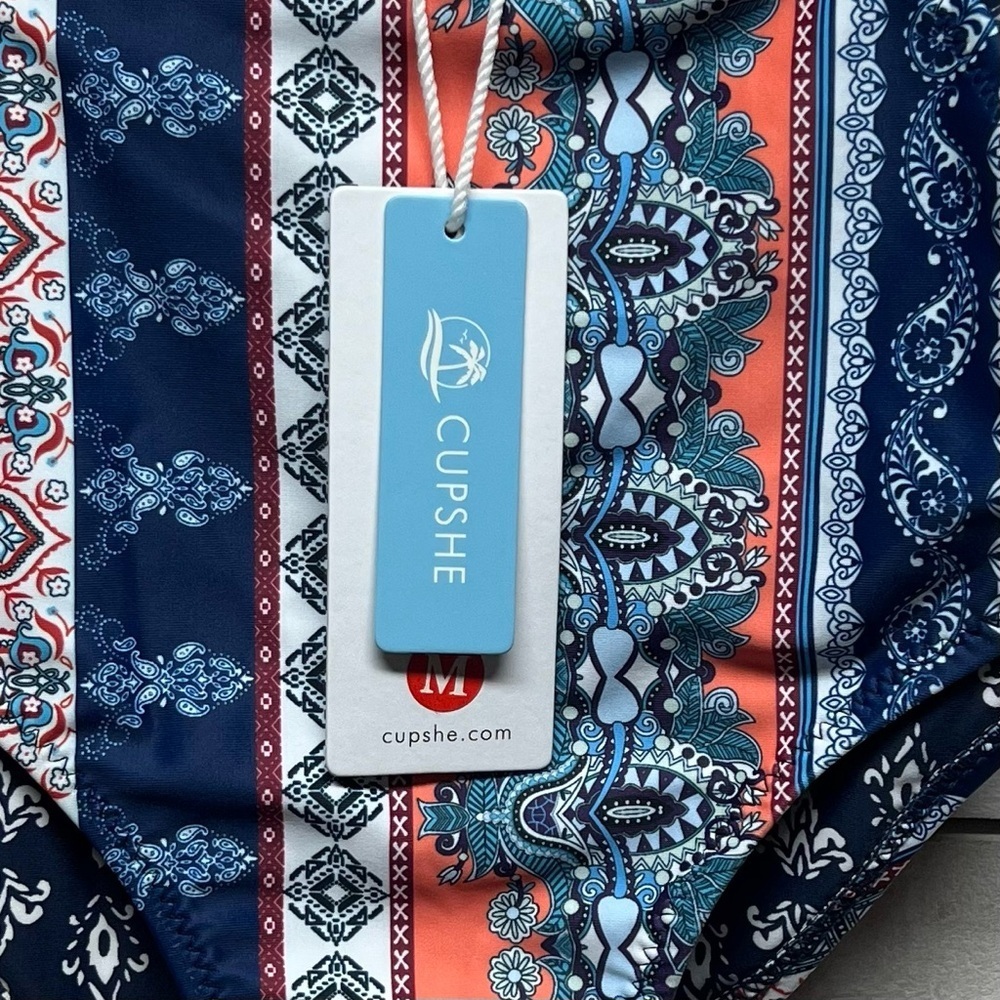 Cupshe Bikini‎ Set Womens Medium Blue Red Cross Front Top High Waist Bottom New - Picture 9 of 14
